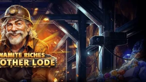 Tampilan visual slot Dynamite Riches The Mother Lode dengan latar belakang tambang emas.