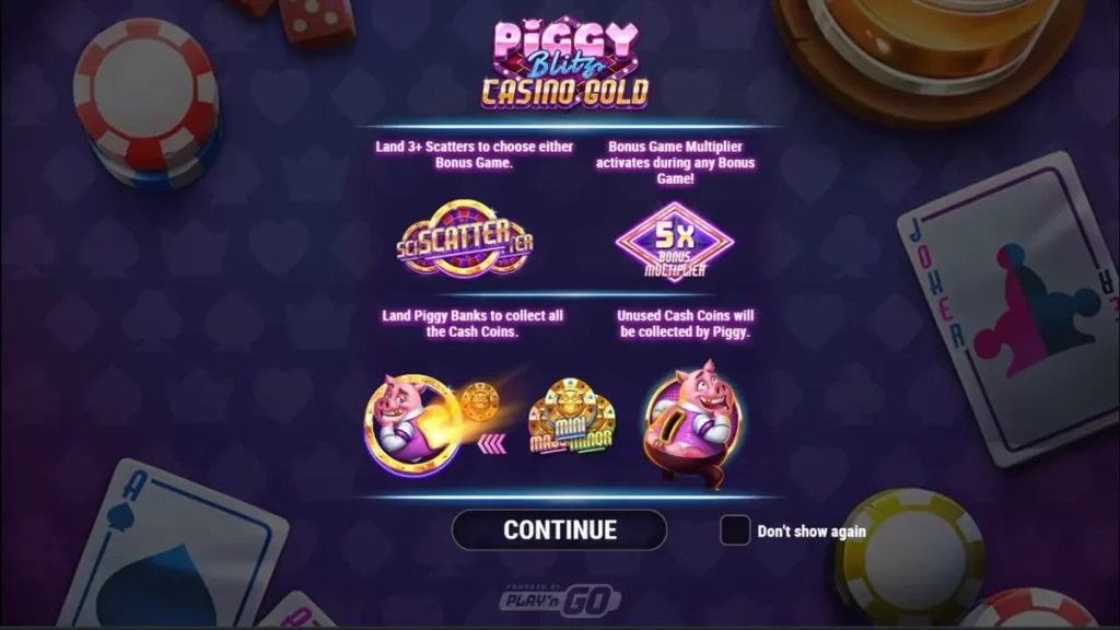 Piggy Blitz Casino Gold slot theme featuring neon casino lights and golden piggy characters